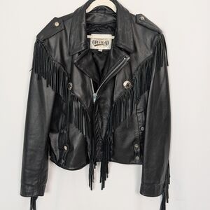 Vintage OPEN ROAD Genuine Leather Men’s XL Black Fringe Motorcycle Jacket Zip Up